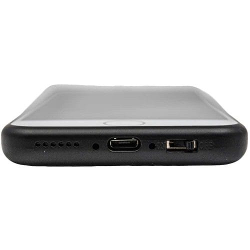 Close-up of a smartphone charging port and headphone jack in a black case on a white background.