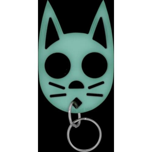 Cat-shaped self-defense keychain in mint green, featuring a minimalist design with hole cutouts for eyes and whiskers.