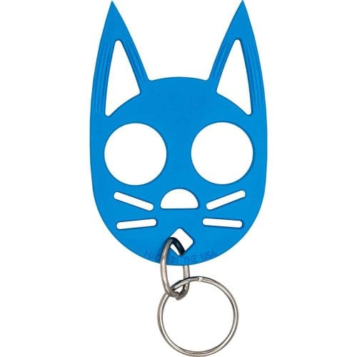 Blue cat-shaped self-defense keychain with finger holes and a ring attachment.