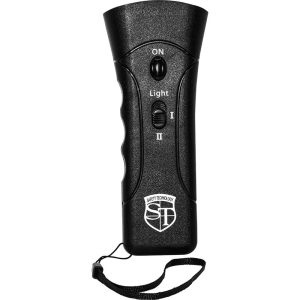 Black handheld personal safety device with ON switch and wrist strap.