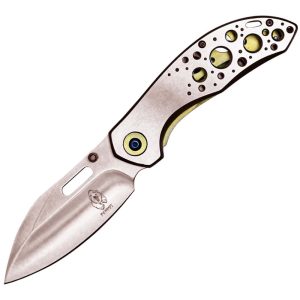 Folding knife with a sleek, perforated handle design and a sharp, polished blade. Ideal for outdoor enthusiasts.