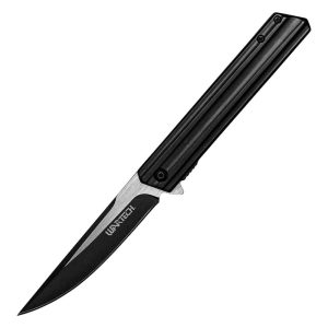 Sleek black folding knife with a sharp blade and ergonomic handle, ideal for outdoor and everyday carry.