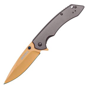 Folding pocket knife with brown handle and sharp blade, isolated on white background.