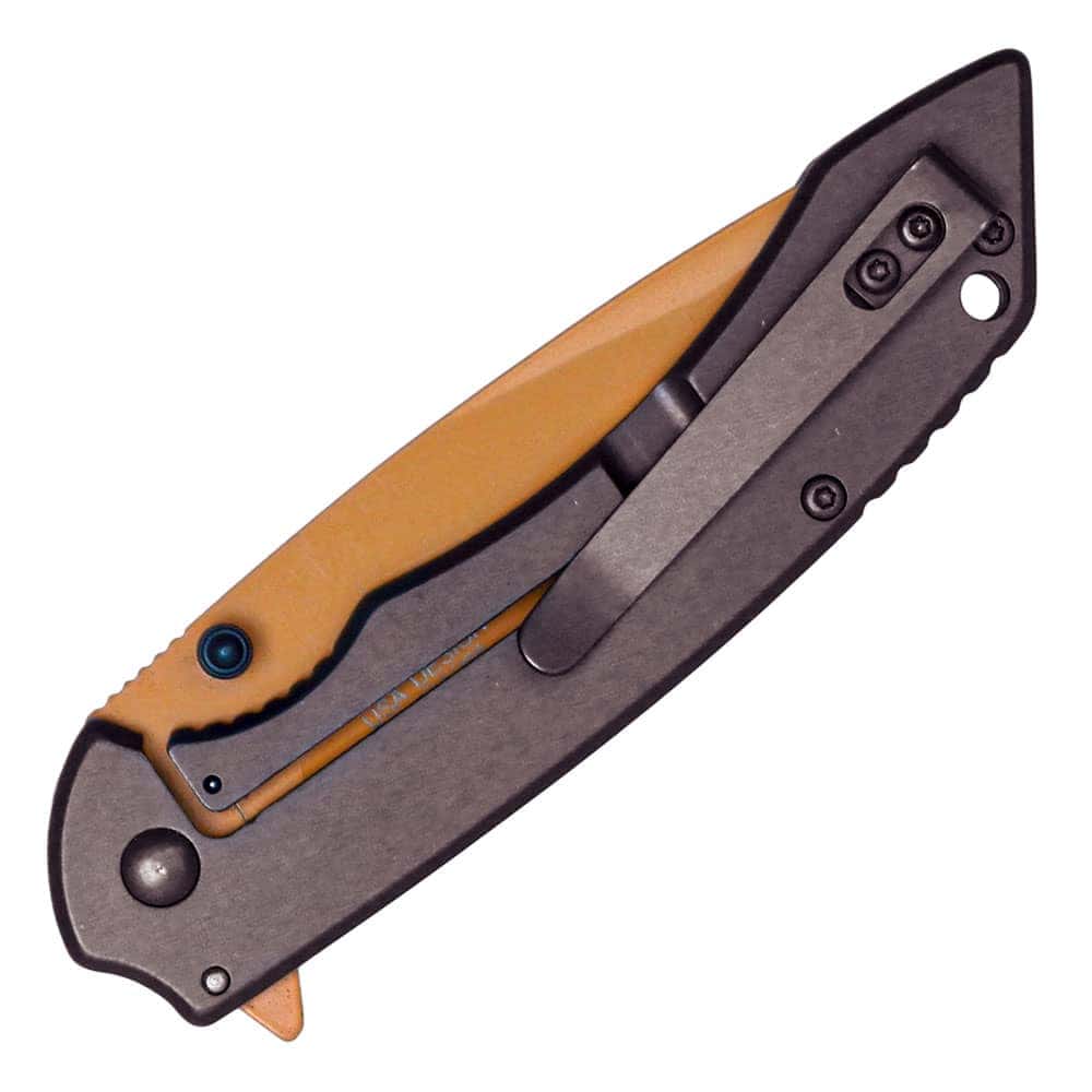 ST-FK-207_djpg | Para Bellum Defense Folded pocket knife with a tan handle and black clip, showcasing a compact and sleek design for easy carrying.