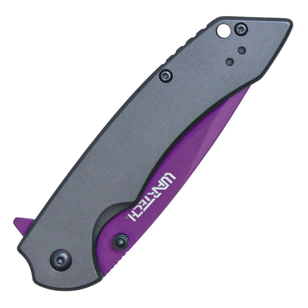 ST-FK-208_cjpg | Para Bellum Defense Purple and gray folding pocket knife with a closed blade, featuring sleek design and compact size for easy carrying.