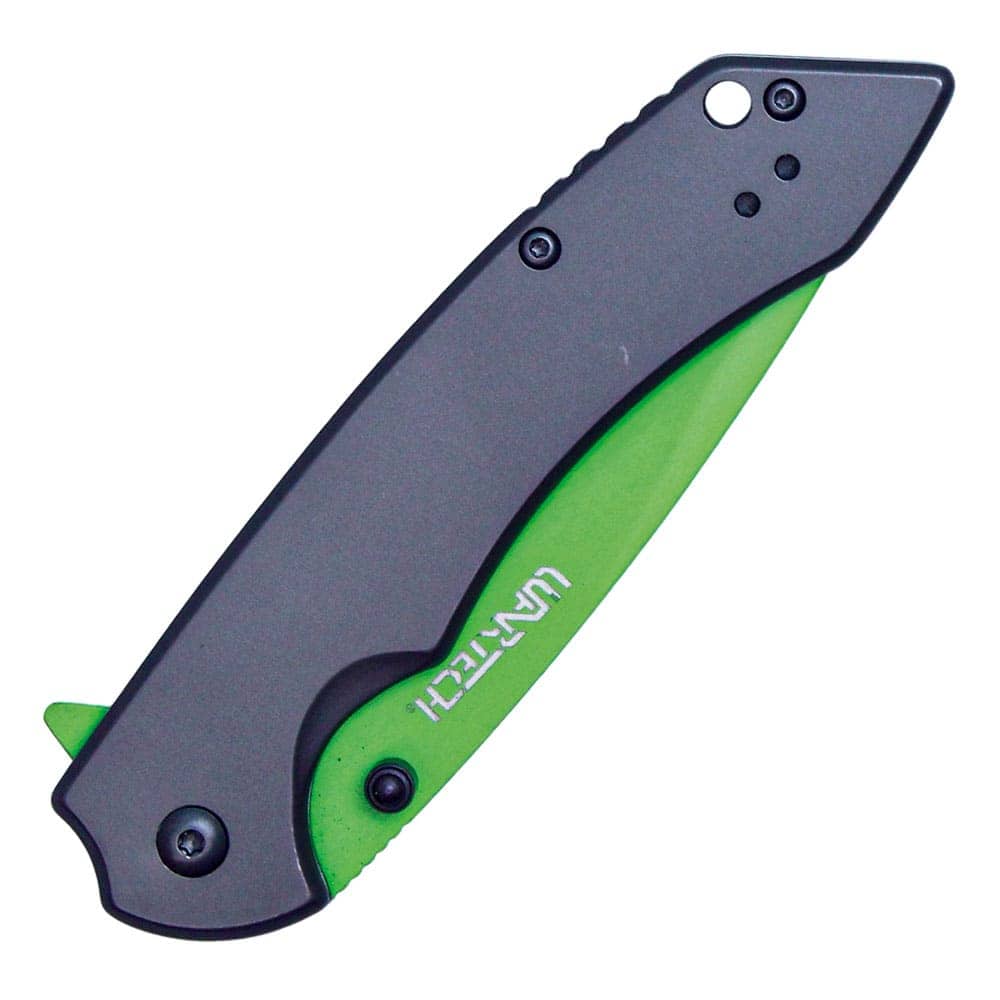 ST-FK-209_cjpg | Para Bellum Defense Folding pocket knife with black blade and vibrant green handle, closed position, isolated on white background.