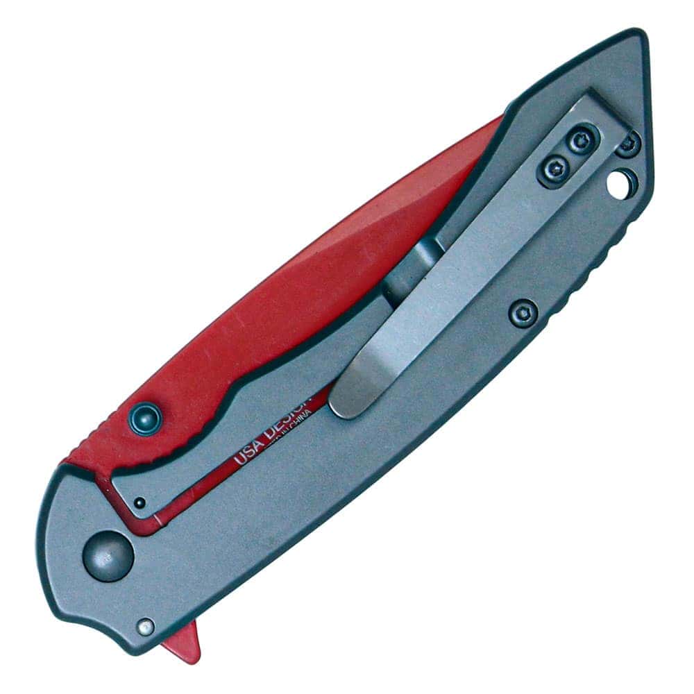 ST-FK-210_djpg | Para Bellum Defense Folded pocket knife with red handle and stainless steel clip, perfect for outdoor use and everyday carry.