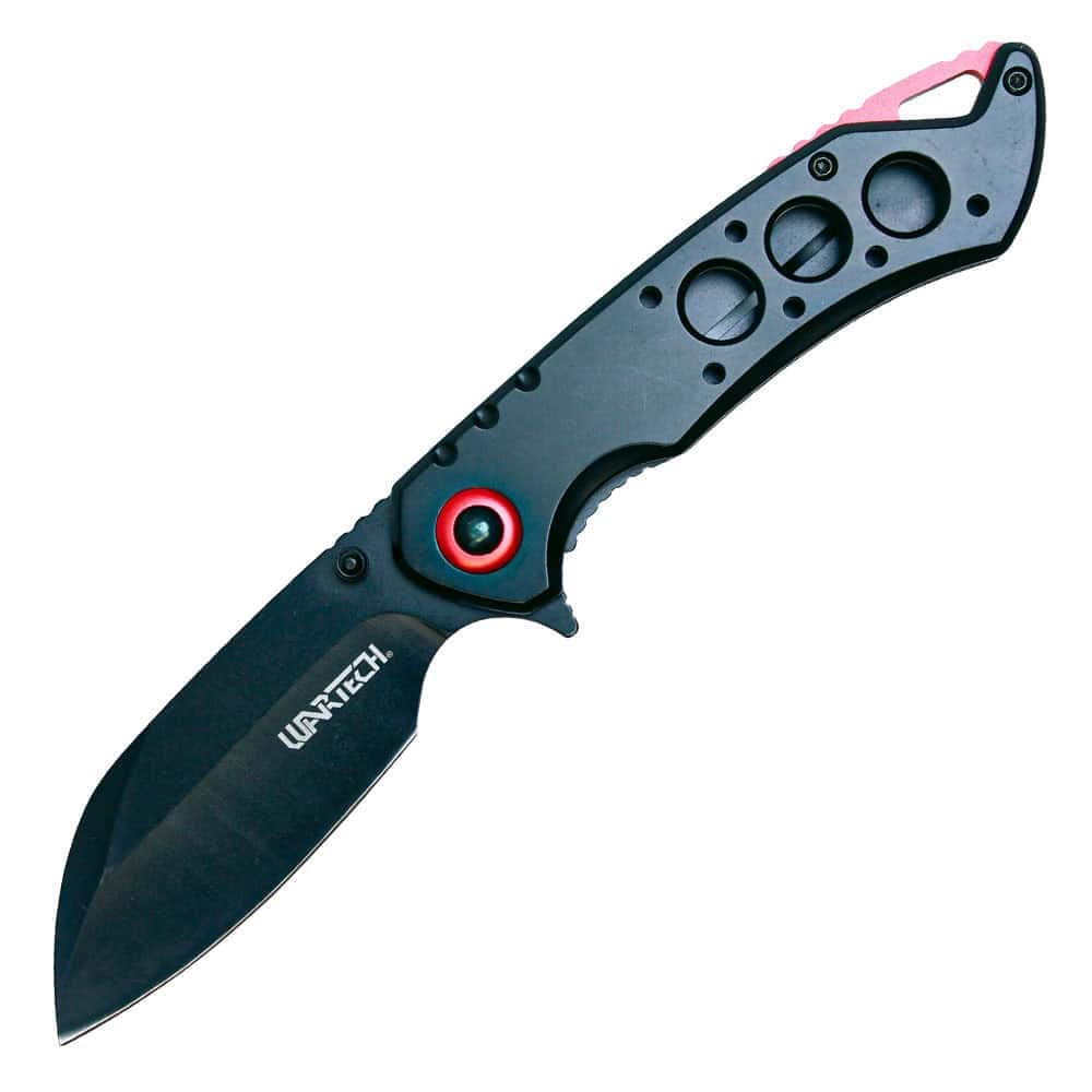 ST-FK-211_ajpg | Para Bellum Defense Black folding knife with red accents and circular cutout design, featuring Wartech branding on the blade.