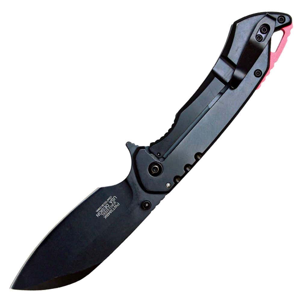 ST-FK-211_bjpg | Para Bellum Defense Black folding knife with sleek design, partially open, showing blade and handle, isolated on a white background.