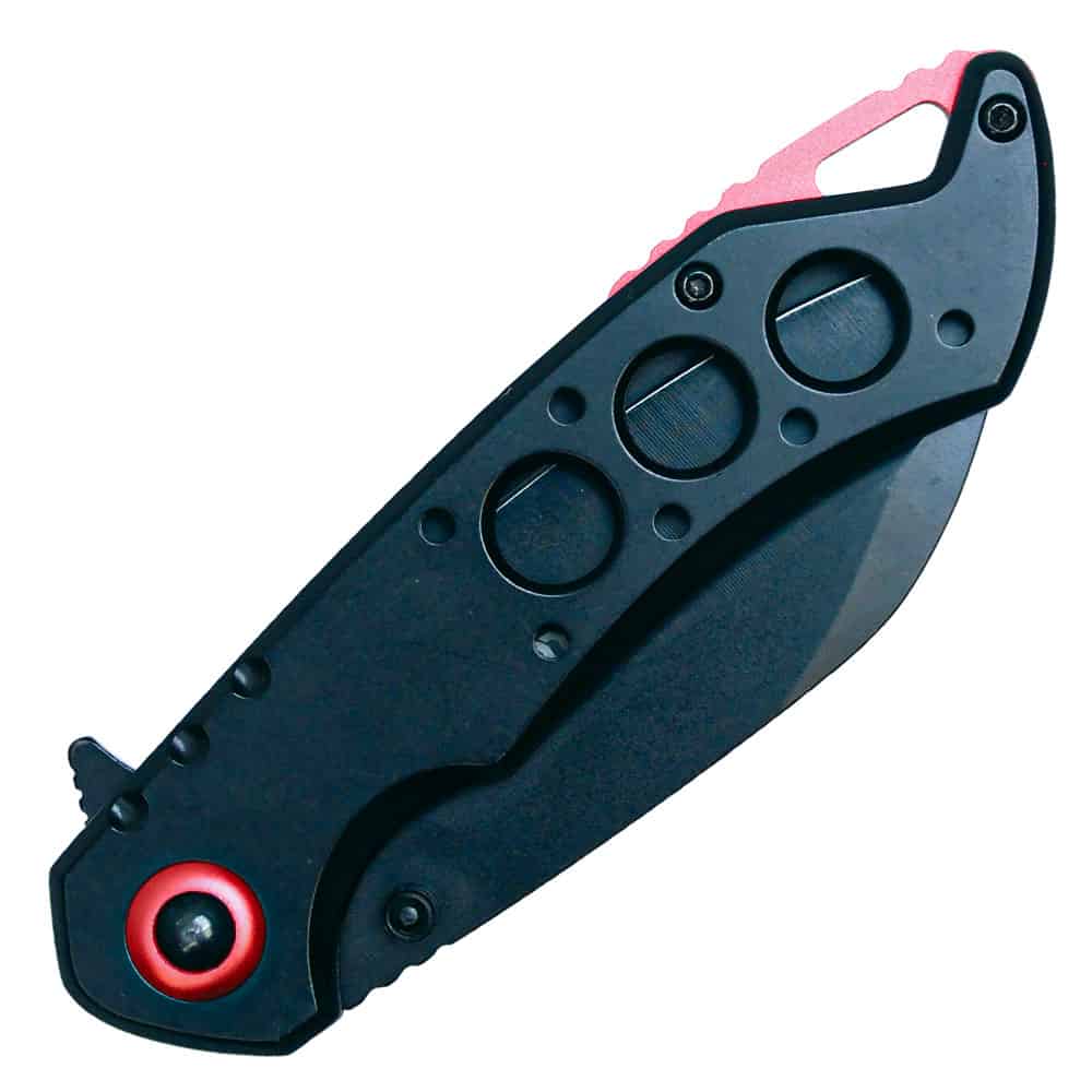 ST-FK-211_cjpg | Para Bellum Defense Black and red folding pocket knife with circular cutouts and partially visible blade, isolated on white background.