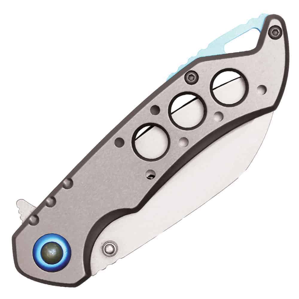 ST-FK-212_cjpg | Para Bellum Defense Folding pocket knife with a sleek silver design, featuring circular cutouts and a blue accent near the hinge.