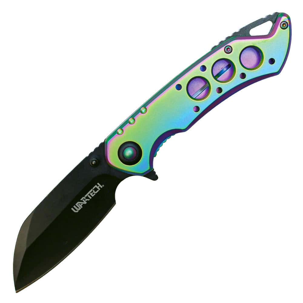 ST-FK-213_ajpg | Para Bellum Defense Rainbow-colored tactical folding knife with black blade and ergonomic handle.