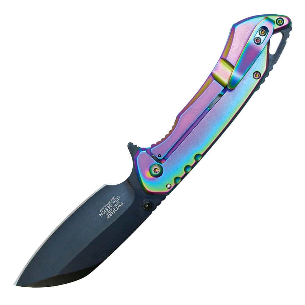 ST-FK-213_bjpg | Para Bellum Defense Colorful titanium folding knife with a sleek design and sharp blade against a white background.