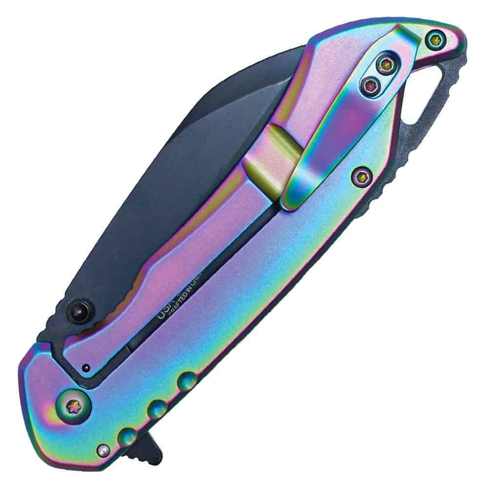 ST-FK-213_cjpg | Para Bellum Defense Futuristic iridescent folding knife with rainbow finish on white background. Compact and stylish design.