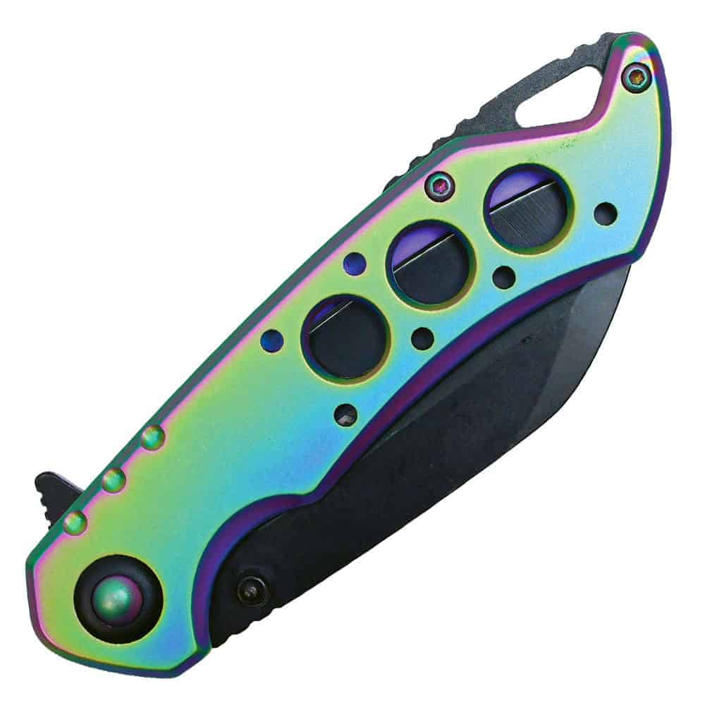 ST-FK-213_djpg | Para Bellum Defense Colorful rainbow folding knife with black blade and circular cutouts, ideal for EDC and camping gear enthusiasts.