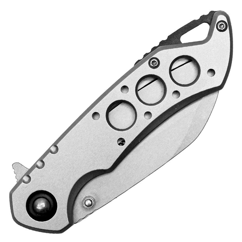 ST-FK-214_cjpg | Para Bellum Defense Folding pocket knife with a sleek, silver handle featuring circular cutouts and a partially visible blade.