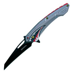 Tactical folding knife with shark design, featuring a black blade and gray handle, ideal for outdoor enthusiasts.