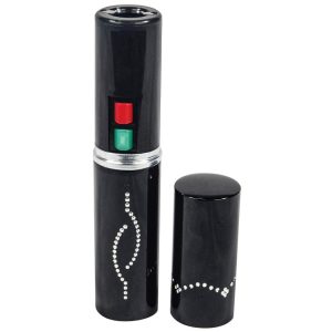 Black lipstick-shaped personal safety alarm with red and green buttons and decorative rhinestone pattern.
