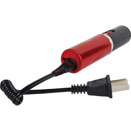 Red electric heater rod with cable and plug, ideal for portable heating solutions.