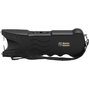 Black handheld stun gun with lanyard, featuring Master Blaster logo for personal security and self-defense.