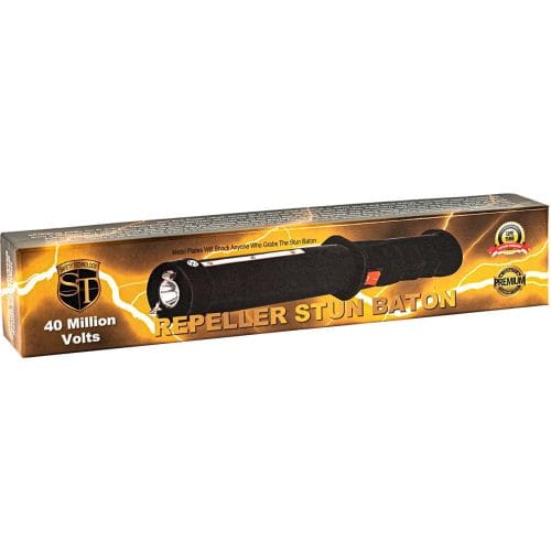 Packaging of a 40 million volt Repeller Stun Baton with safety and premium features.