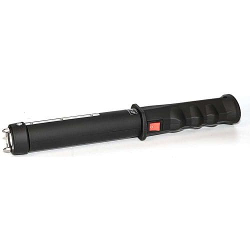 Black handheld electric cattle prod with safety switch, ideal for animal handling and control.