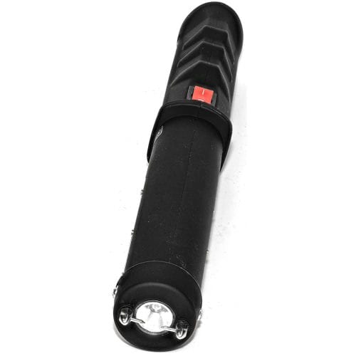 Black flashlight with a red button, angled view on a white background.