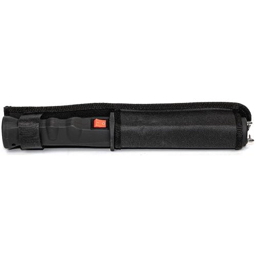 Black stun gun flashlight with safety switch and case, isolated on a white background.
