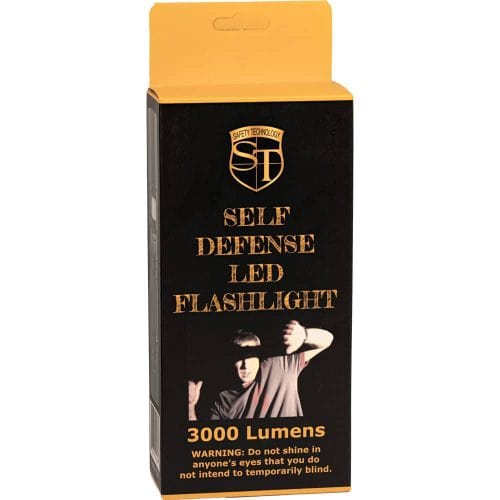 Packaging of Self Defense LED Flashlight, 3000 Lumens, with safety warning. Ideal for personal security.