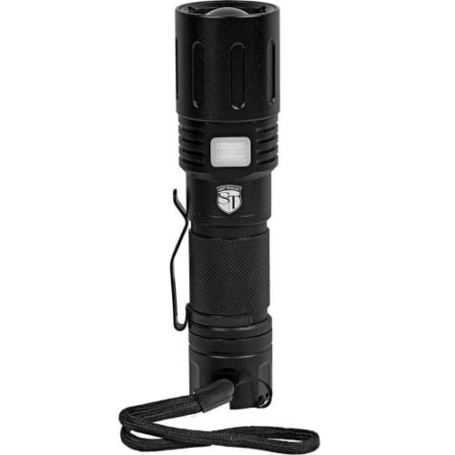 Black tactical flashlight with textured grip, side button, pocket clip, and lanyard for easy carrying and use.