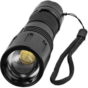 Black LED flashlight with wrist strap, featuring zoom lens for adjustable focus. Ideal for outdoor adventures.