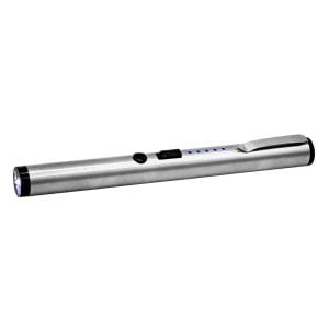 Sleek silver laser pointer pen with blue indicator lights and clip.