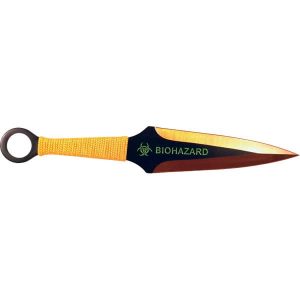 Biohazard-themed throwing knife with yellow cord-wrapped handle and sleek blade, ideal for collectors and enthusiasts.