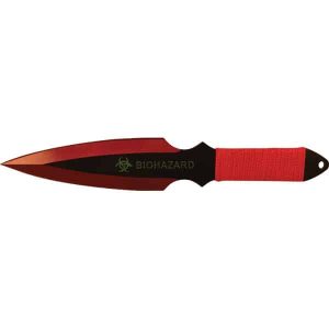 Red and black throwing knife with biohazard symbol and red handle, isolated on a white background.