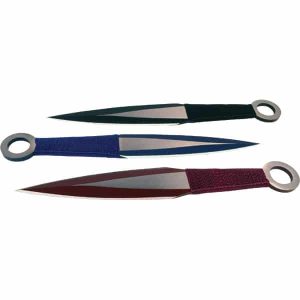 Three colorful kunai knives with looped handles on a white background.