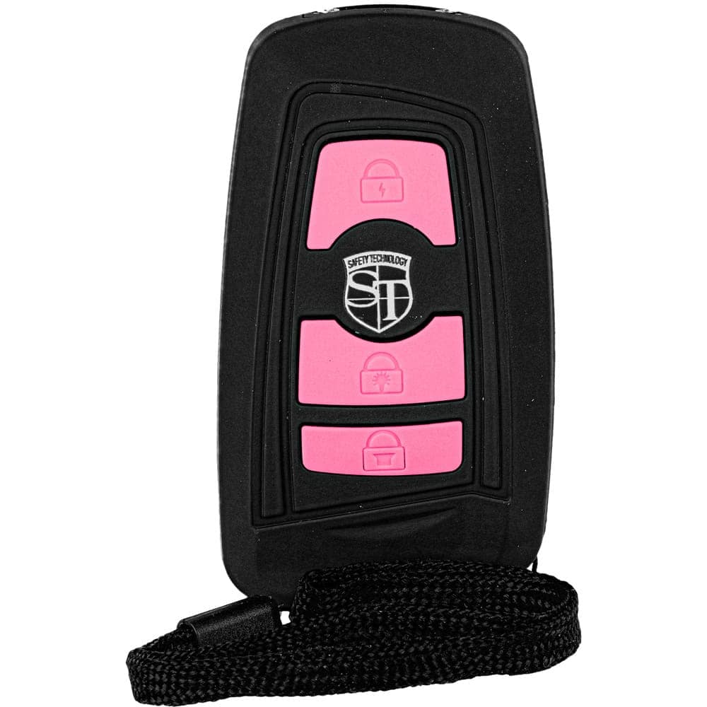 ST-TRIAD-PK_ajpg | Para Bellum Defense Black and pink keychain remote security device with strap, showing lock and unlock buttons.