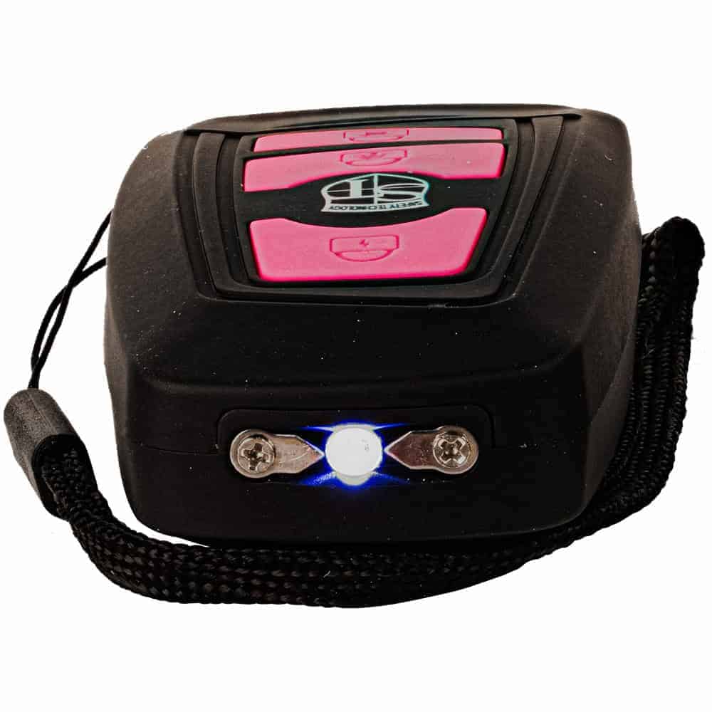 ST-TRIAD-PK_bjpg | Para Bellum Defense Compact black stun gun with pink buttons, featuring a bright LED light and a wrist strap for security.
