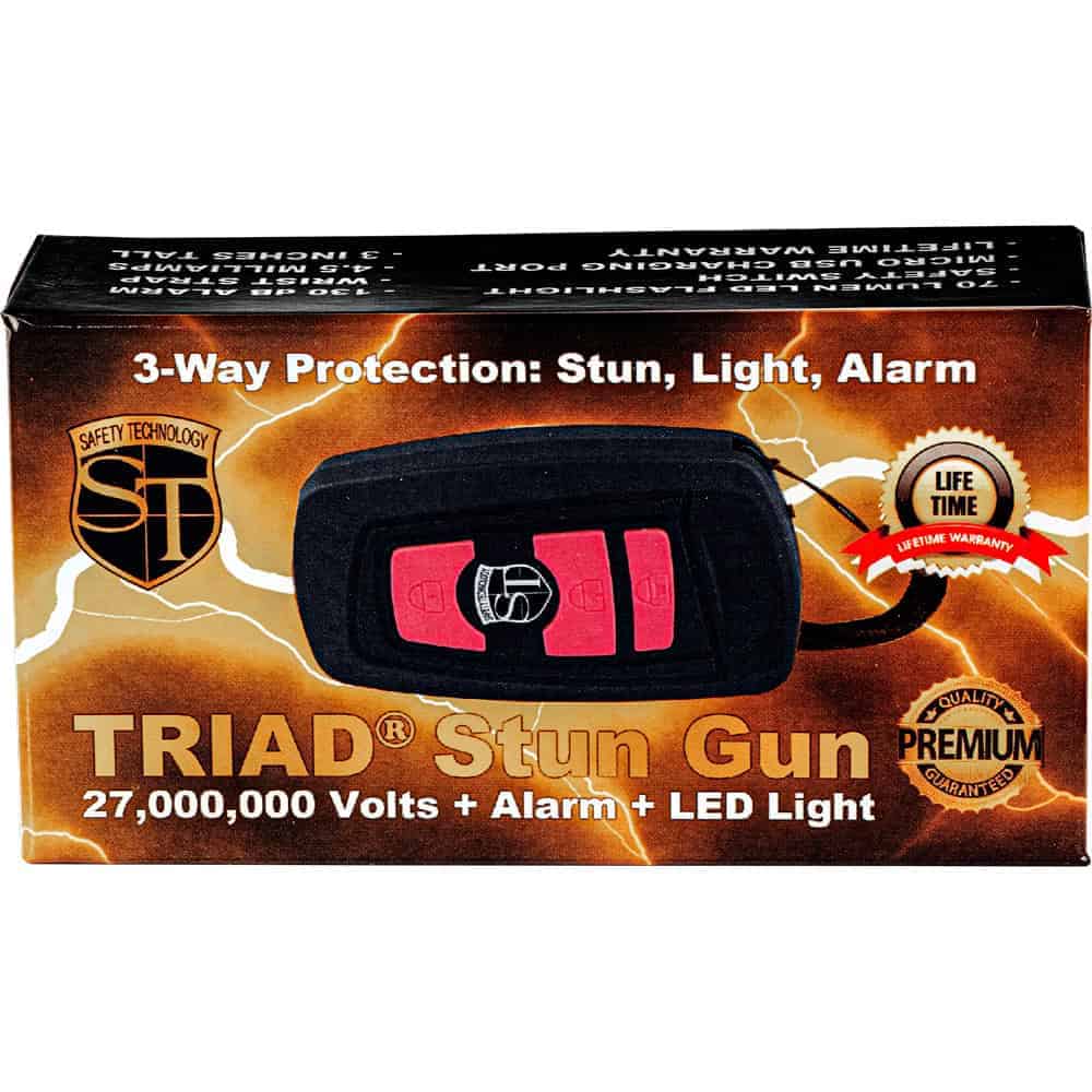 ST-TRIAD-PK_boxjpg | Para Bellum Defense Triad stun gun packaging with 3-way protection: stun, light, alarm. 27 million volts, LED light, lifetime warranty.