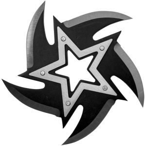 Star-shaped ninja throwing star with sharp, curved blades, featuring a black and silver design.