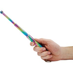 Hand holding a colorful telescopic baton keychain on a white background.