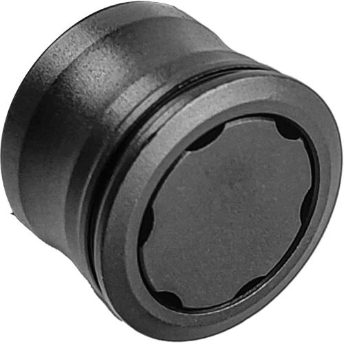Black cylindrical metal object with a ridged design, possibly a camera lens cap or mechanical component, isolated on white.