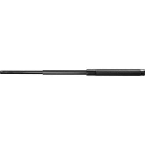 Collapsible black baton on white background, ideal for self-defense and security purposes.