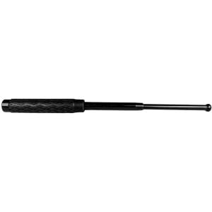 Black expandable baton with textured grip on white background, ideal for security and law enforcement use.