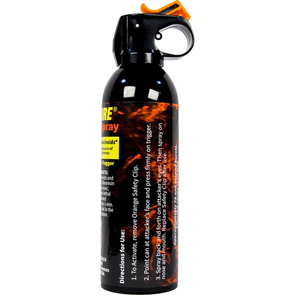 WF-16FM_bjpg | Para Bellum Defense Pepper spray canister with safety clip and instructions for self-defense use.