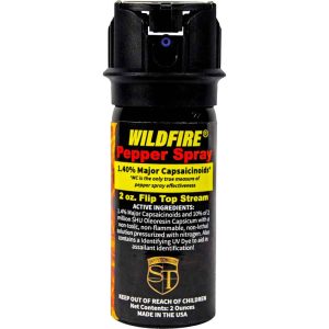 Wildfire Pepper Spray 2 oz. with 1.40% major capsaicinoids, flip top stream for self-defense effectiveness.