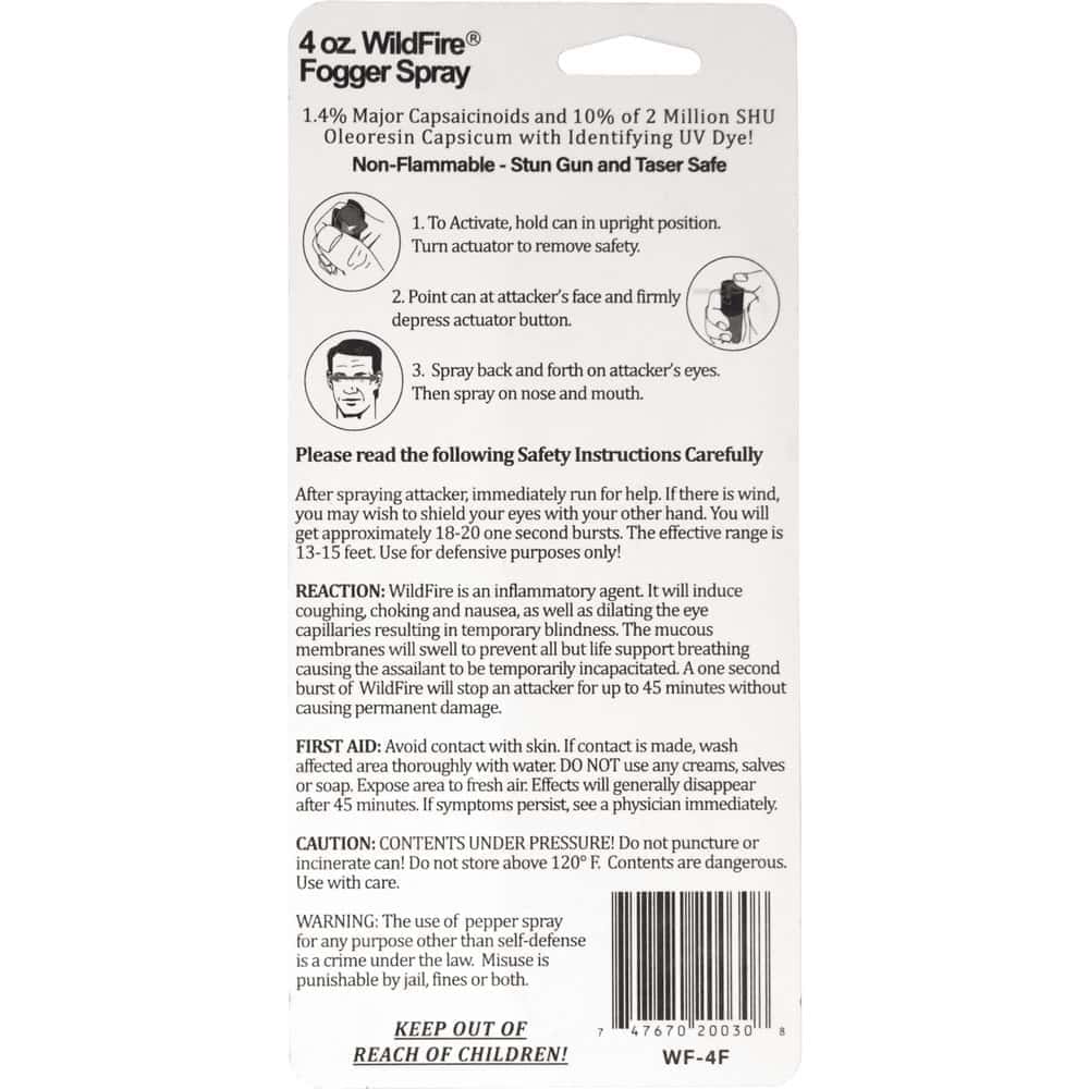 WF-4F_bjpg | Para Bellum Defense Back of WildFire Fogger Spray package showing instructions and safety warnings. Use for self-defense only.