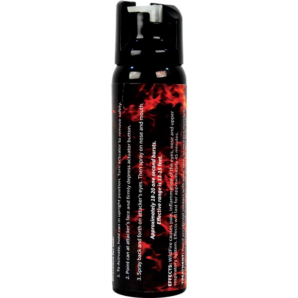 WF-4F_djpg | Para Bellum Defense Black pepper spray can with instructions on the side, featuring a red flame design.