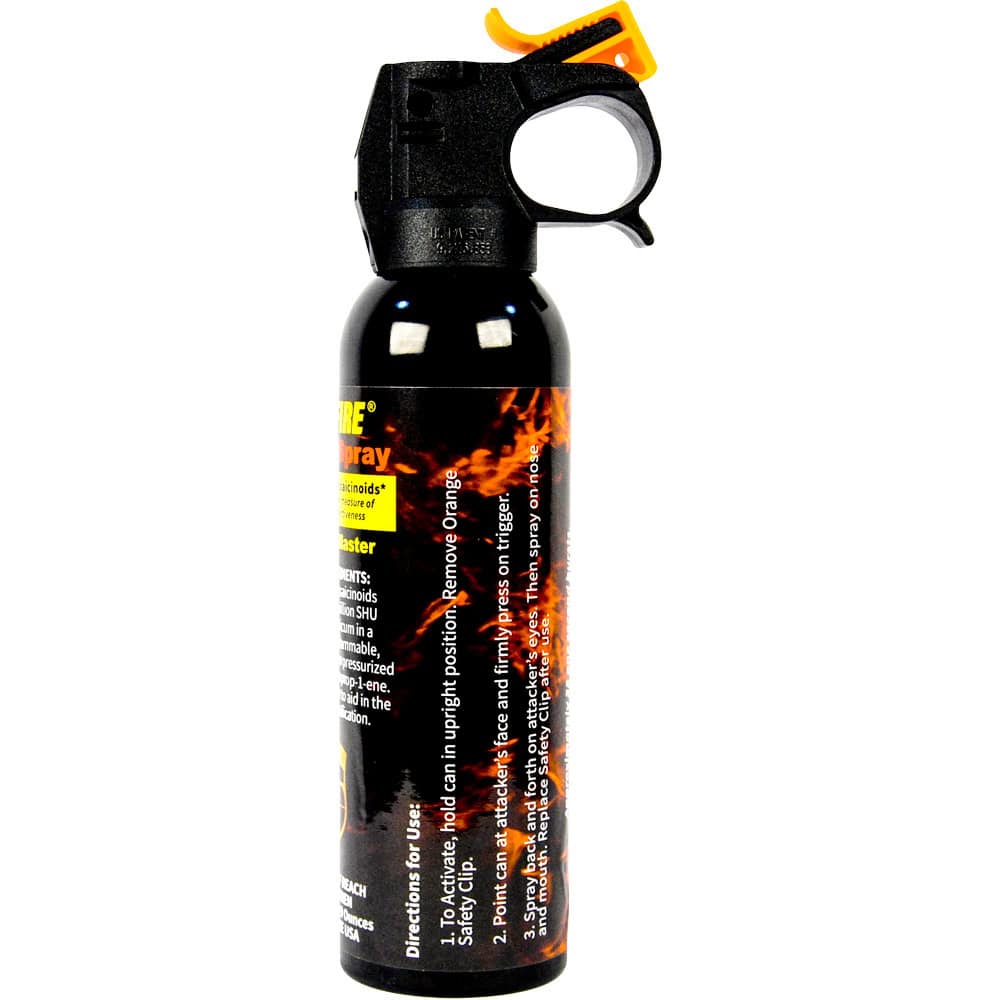 WF-9FM_bjpg | Para Bellum Defense Black pepper spray can with safety clip and instructions for self-defense use.