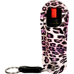 Leopard print pepper spray keychain with safety lock for stylish personal security and protection on the go.
