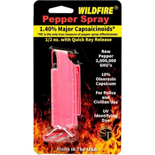 Wildfire pepper spray pack with 1.40% capsaicinoids, key release, ideal for police and civilian use, made in USA.
